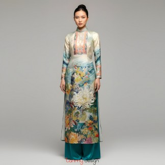 Áo dài gấm dày in, đính đá màu xanh M